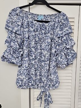 CeCe Blue and White Floral Off-Shoulder Tie-Hem Blouse